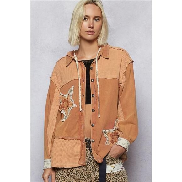 POL Button Down Hooded Jacket with with Star Patch Pattern - Picture 1 of 5